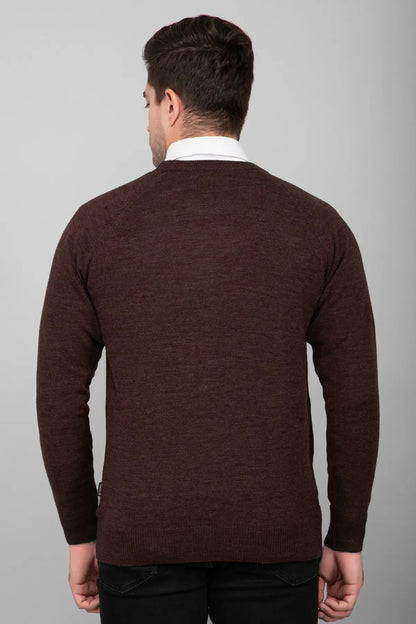 Coffee Brown Woolen Round Neck Solid Men Sweater