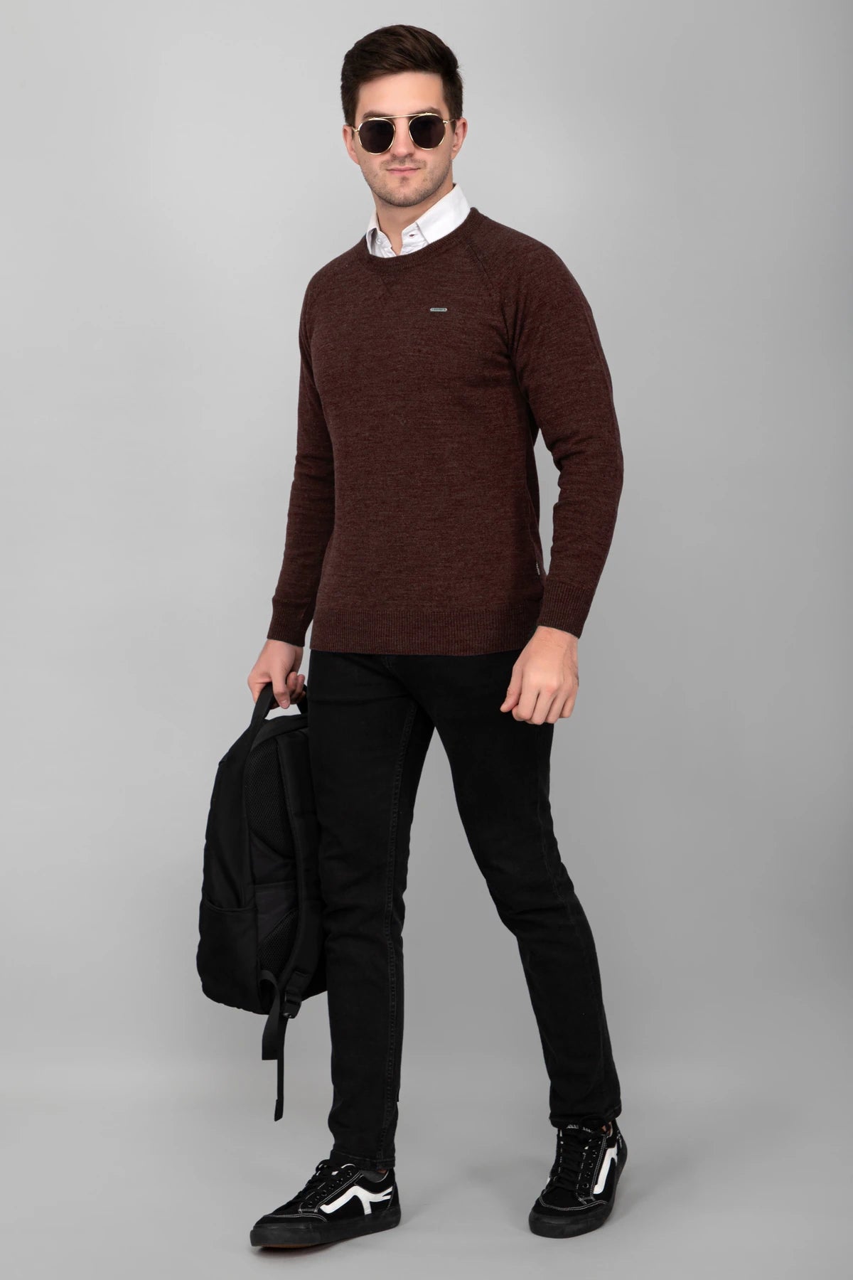 Coffee Brown Woolen Round Neck Solid Men Sweater