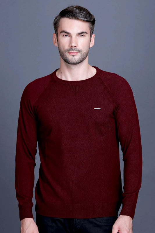 Wine Woolen Round Neck Solid Men Sweater