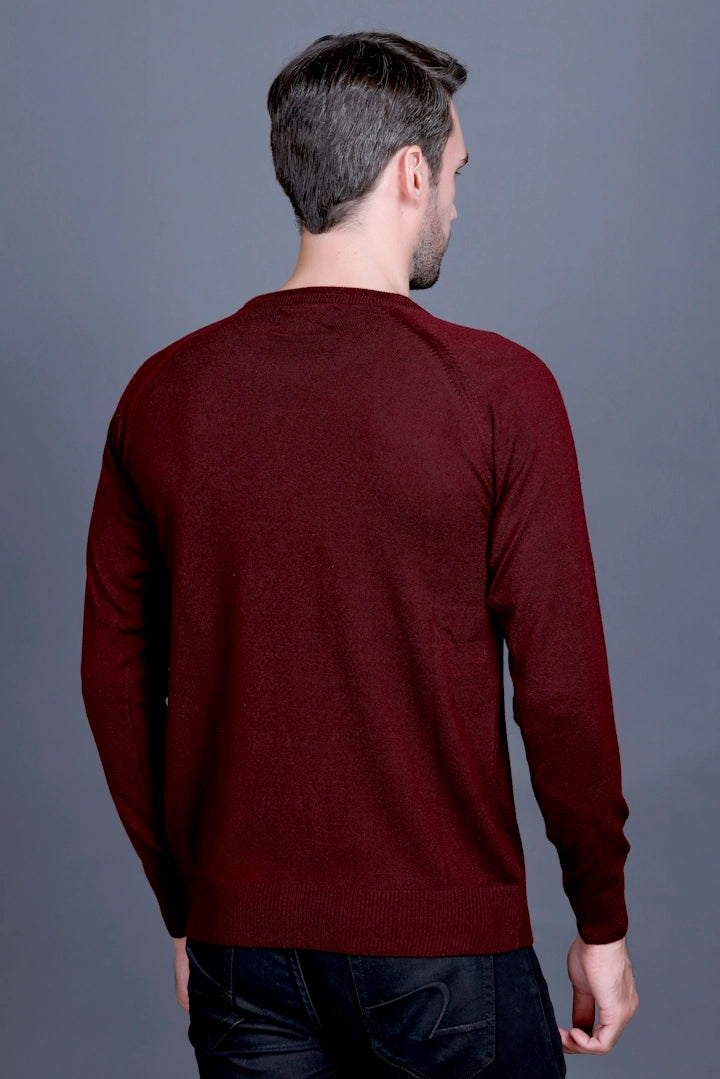 Wine Woolen Round Neck Solid Men Sweater