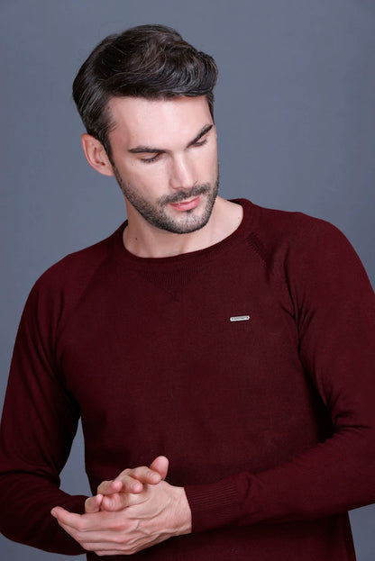 Wine Woolen Round Neck Solid Men Sweater