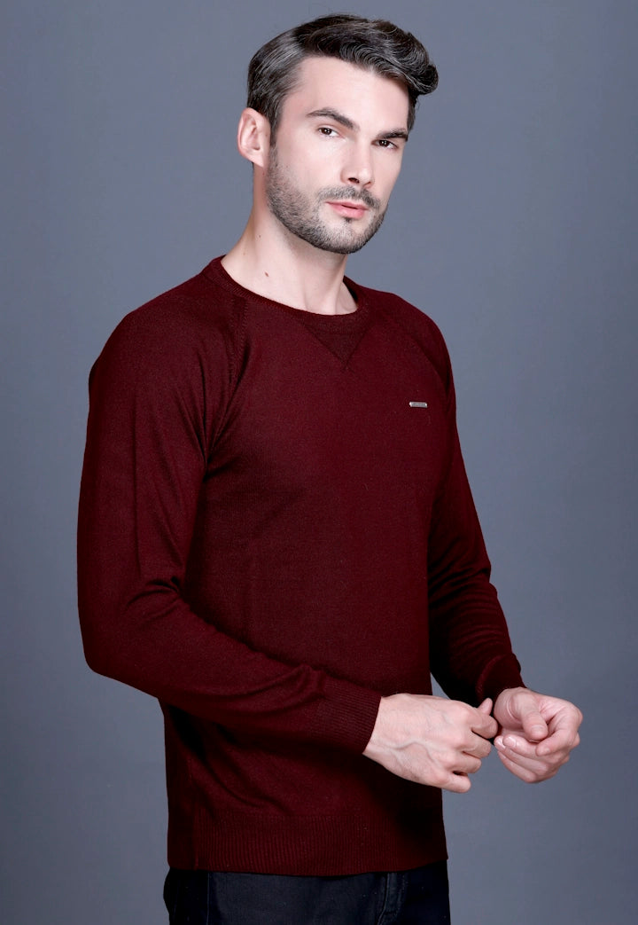 Wine Woolen Round Neck Solid Men Sweater
