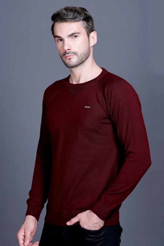 Wine Woolen Round Neck Solid Men Sweater