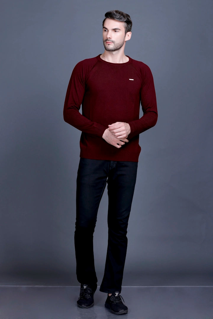 Wine Woolen Round Neck Solid Men Sweater