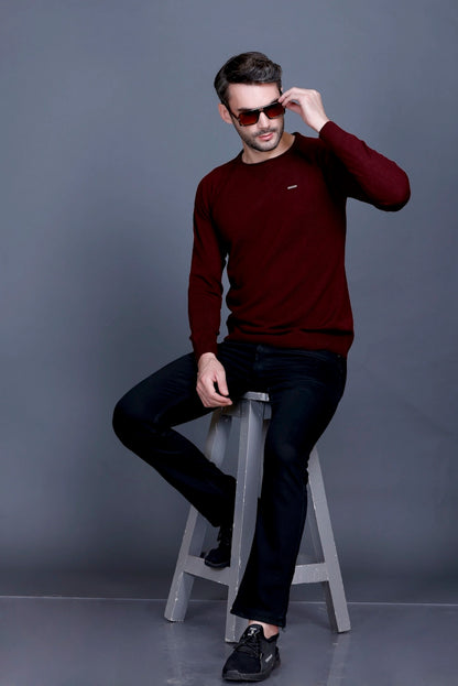 Wine Woolen Round Neck Solid Men Sweater