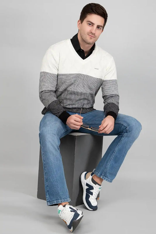 Black White Woolen V-Neck Striped Sweater Men