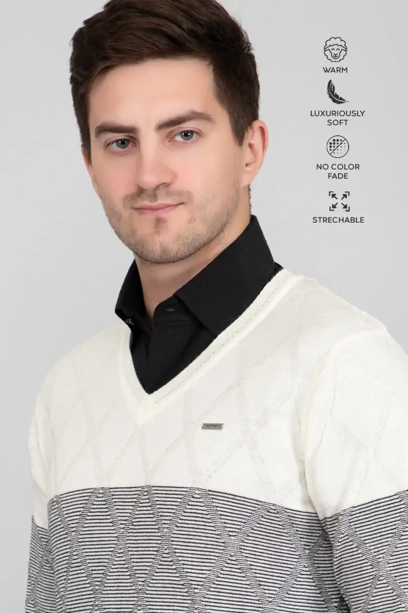Black White Woolen V-Neck Striped Sweater Men