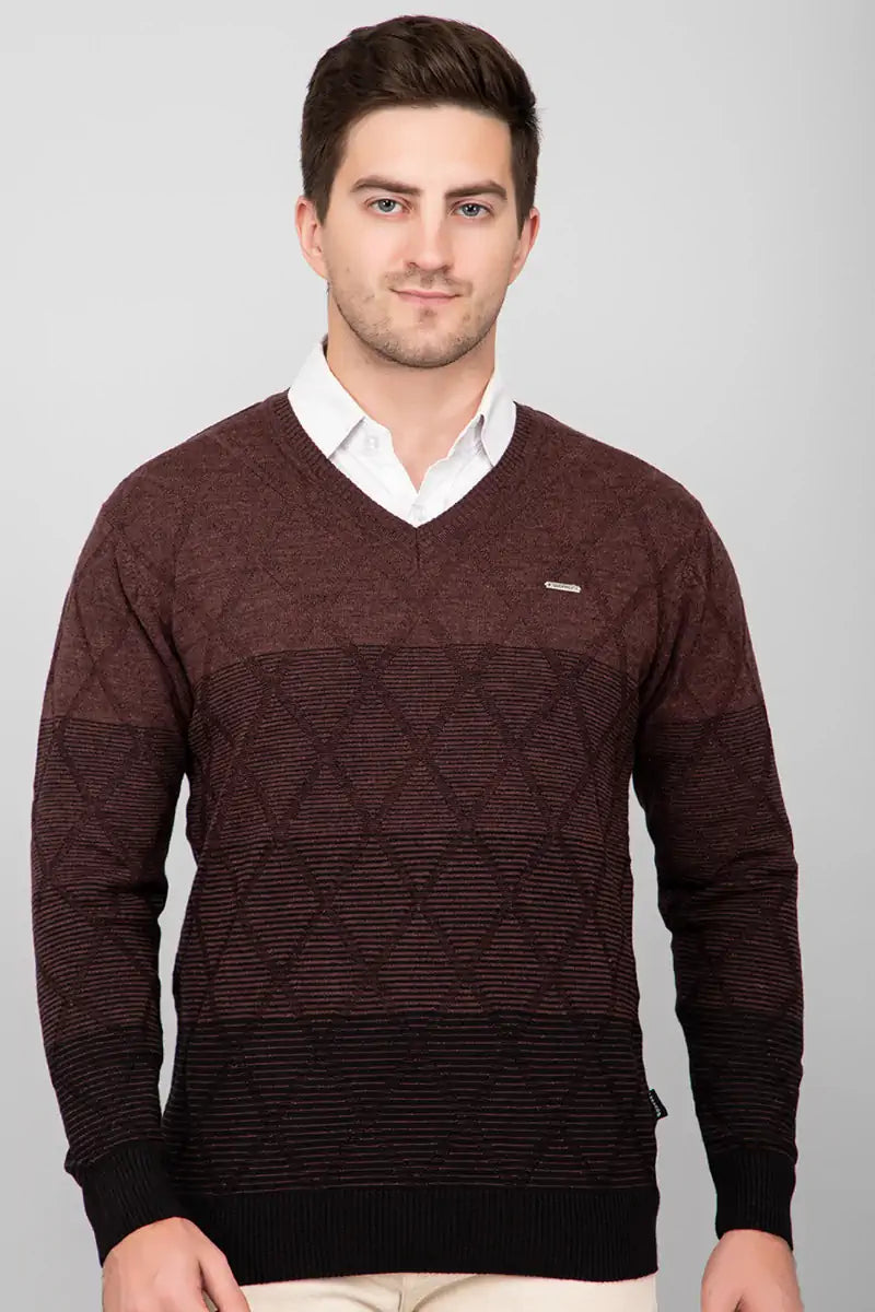 Coffee Woolen V-Neck Pullover Sweater for Men