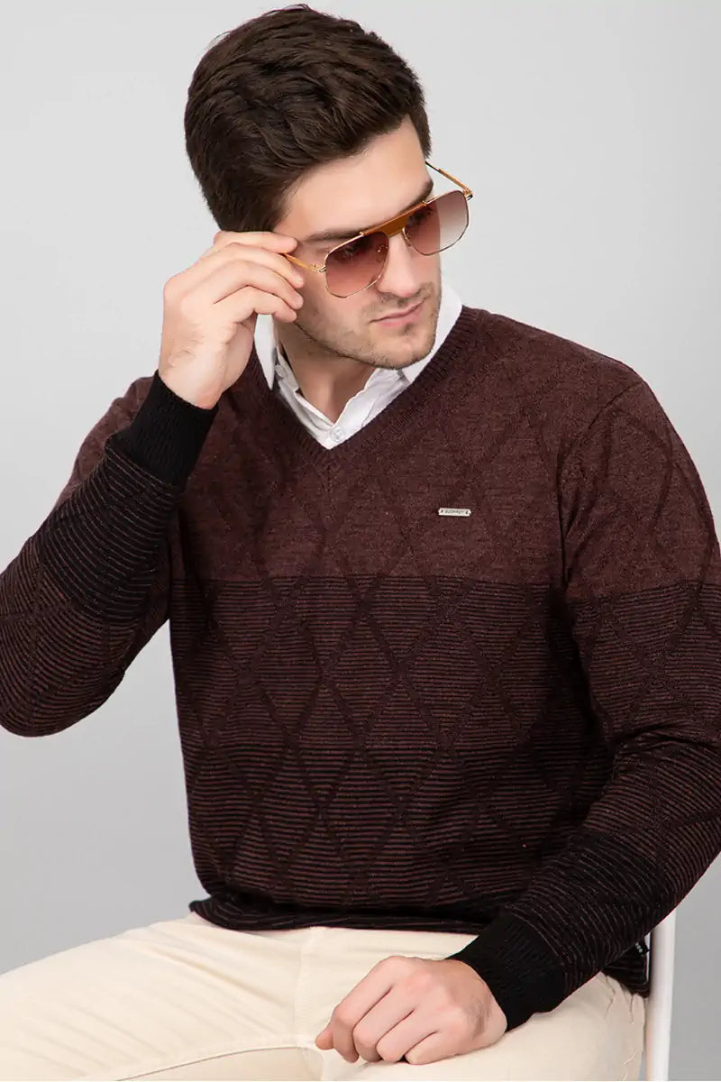 Coffee Woolen V-Neck Pullover Sweater for Men