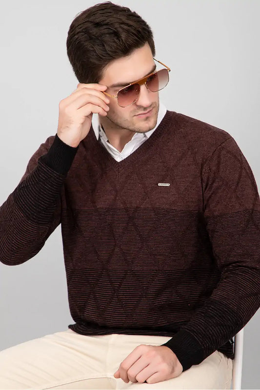 Coffee Woolen V-Neck Pullover Sweater for Men