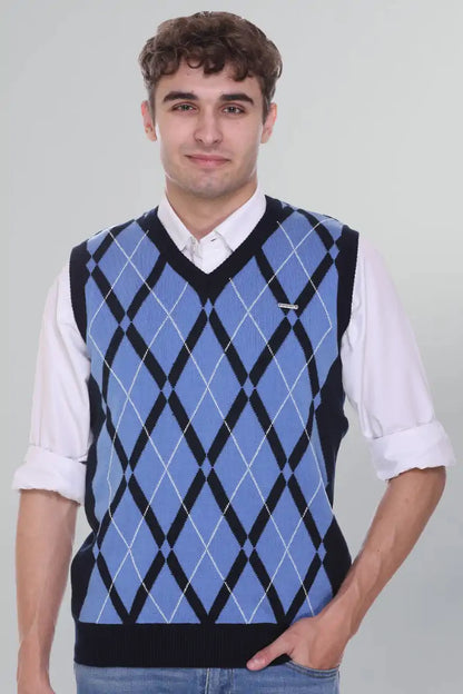 Navy | Sky Woolen V-Neck Sleeveless Sweater For Men