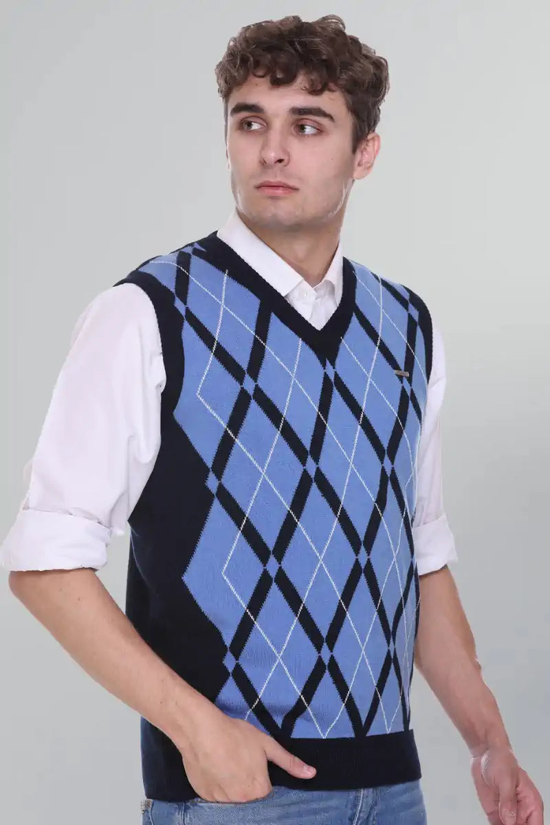 Navy | Sky Woolen V-Neck Sleeveless Sweater For Men