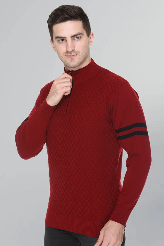 Maroon Half Zipper Self Design Knitted Men Sweater