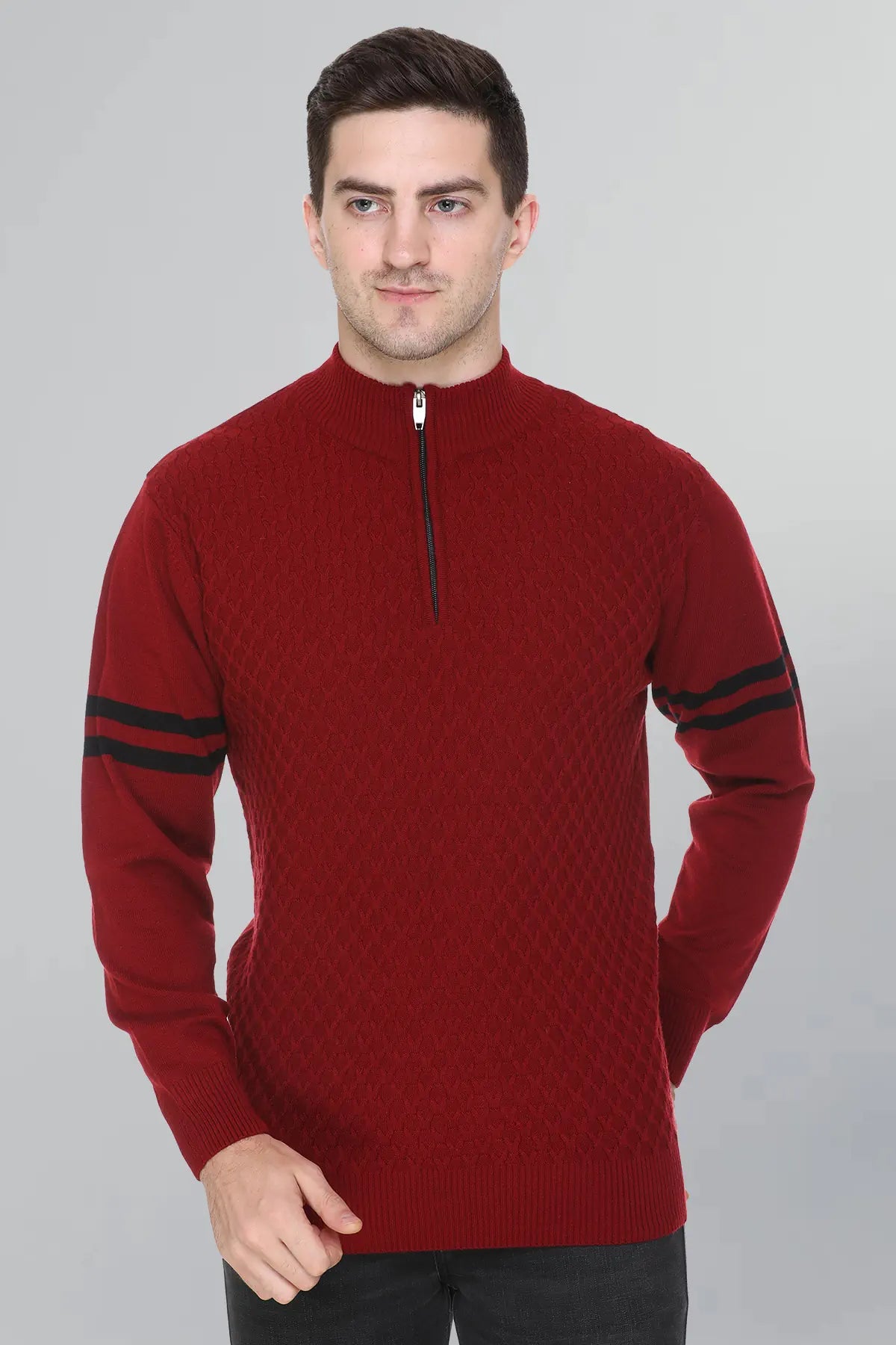 Maroon Half Zipper Self Design Knitted Men Sweater