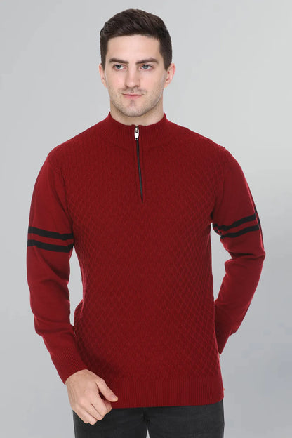 Maroon Half Zipper Self Design Knitted Men Sweater