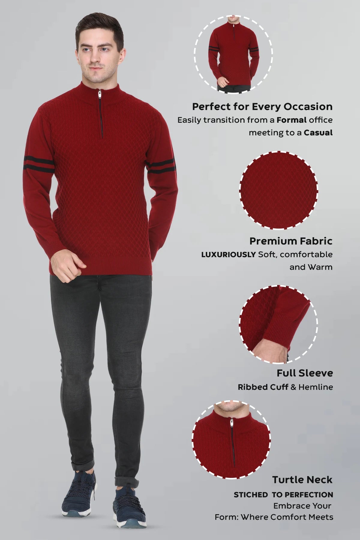 Maroon Half Zipper Self Design Knitted Men Sweater