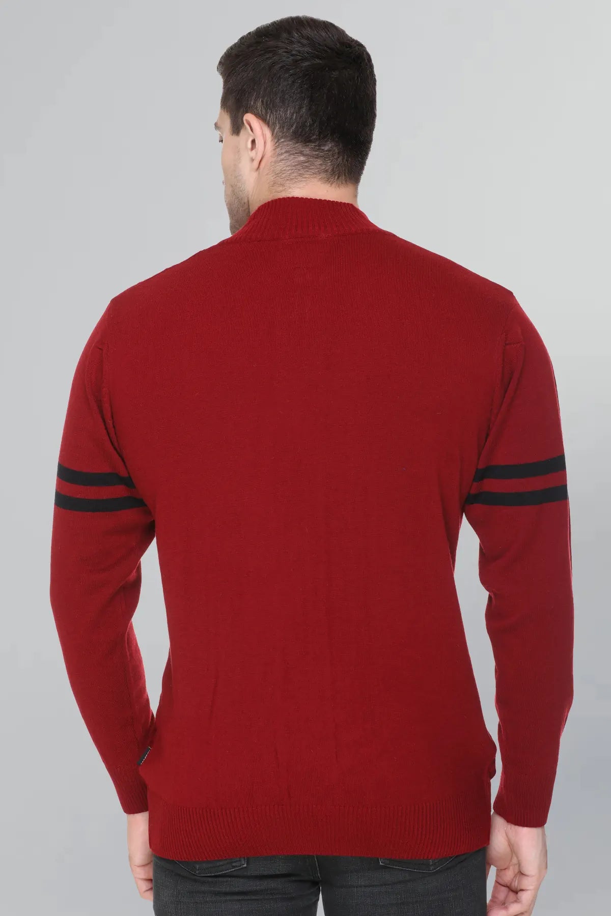 Maroon Half Zipper Self Design Knitted Men Sweater