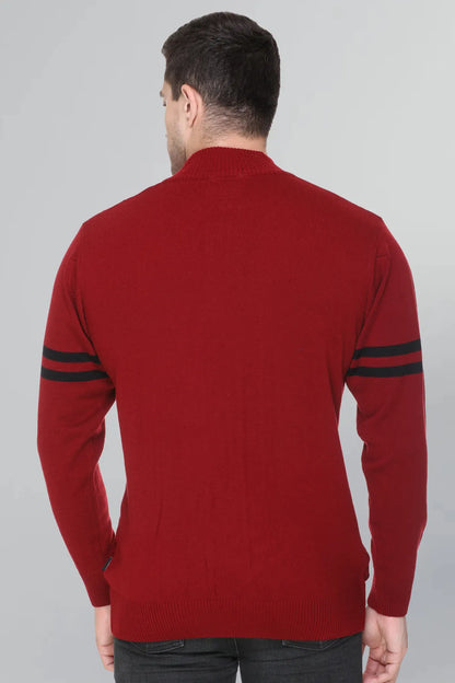 Maroon Half Zipper Self Design Knitted Men Sweater