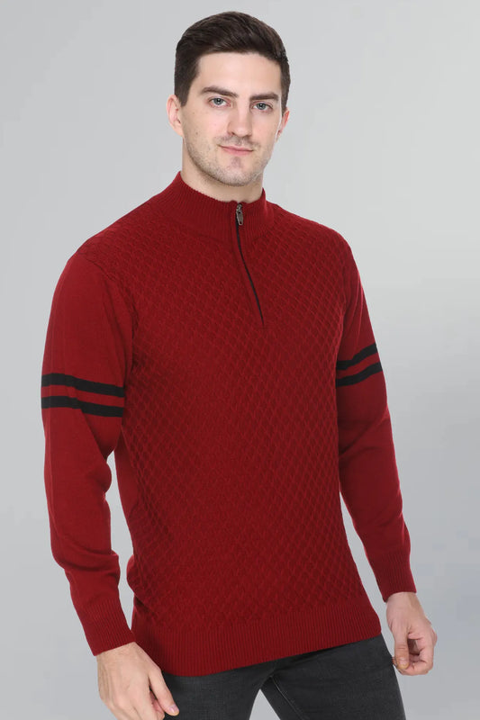 Maroon Half Zipper Self Design Knitted Men Sweater