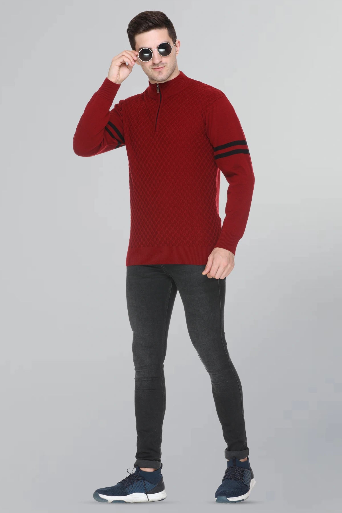 Maroon Half Zipper Self Design Knitted Men Sweater