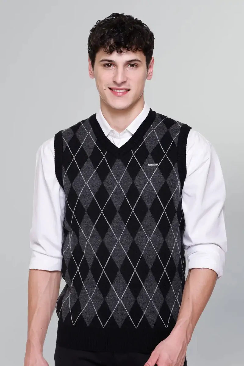 Black Woolen V-Neck Sleeveless Half Sweater For Men