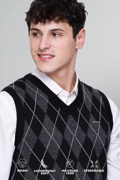 Black Woolen V-Neck Sleeveless Half Sweater For Men