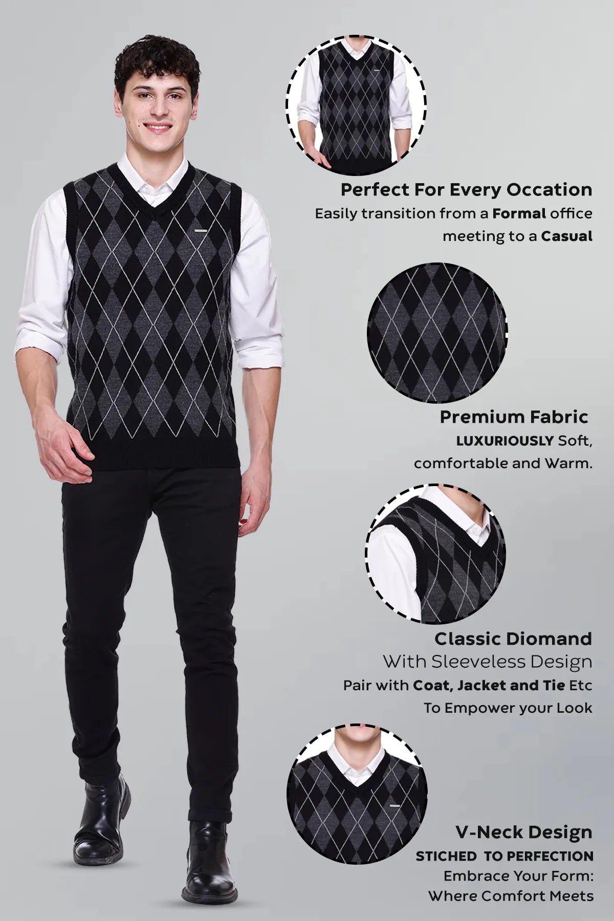 Black Woolen V-Neck Sleeveless Half Sweater For Men
