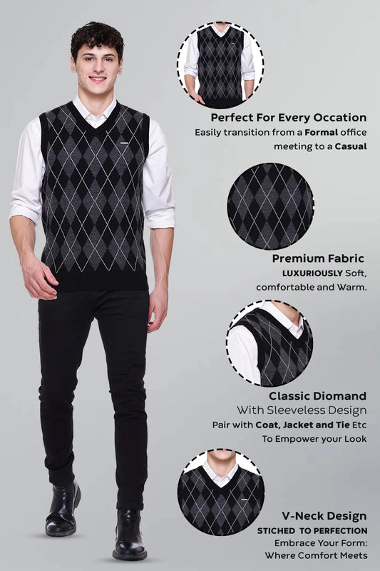 Black Woolen V-Neck Sleeveless Half Sweater For Men