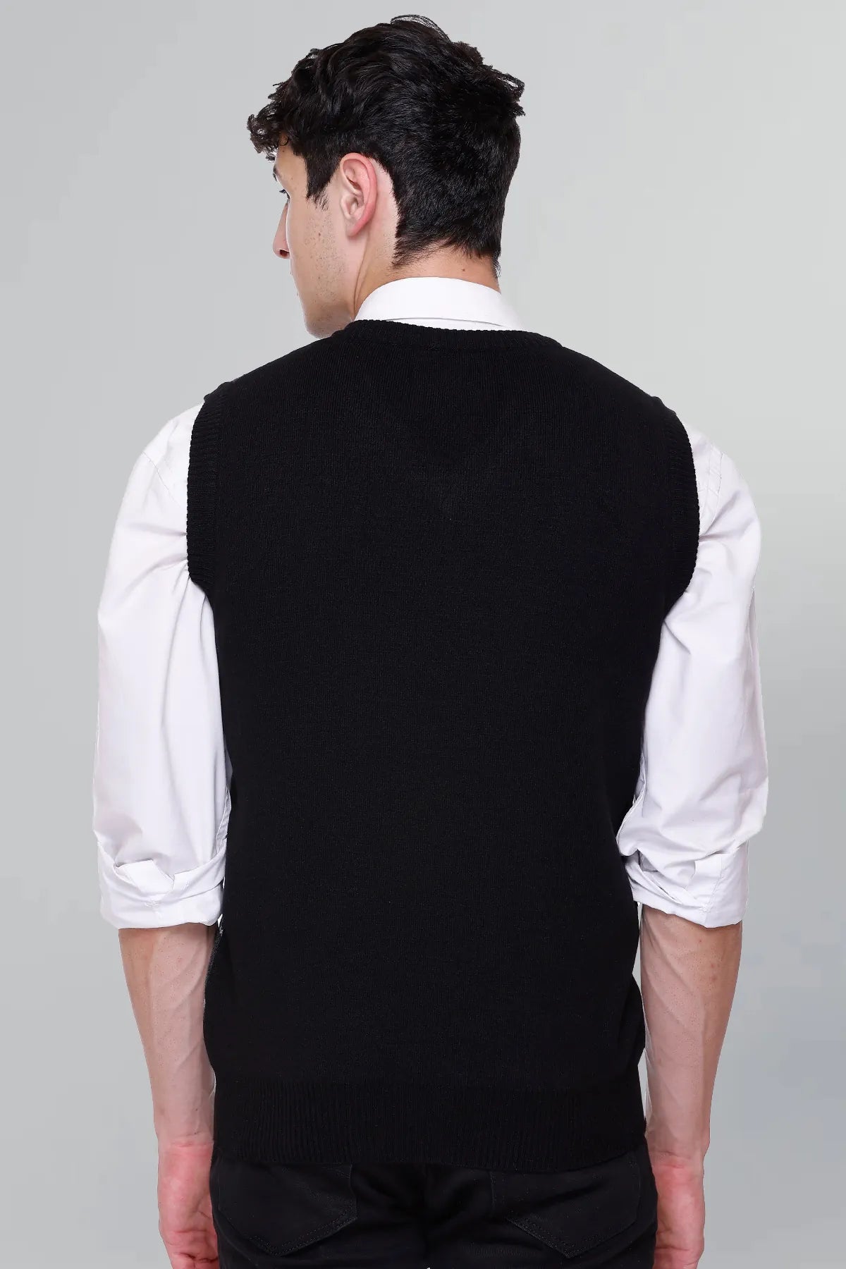 Black Woolen V-Neck Sleeveless Half Sweater For Men