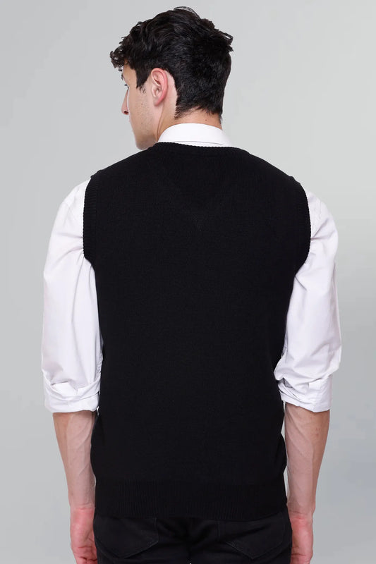 Black Woolen V-Neck Sleeveless Half Sweater For Men