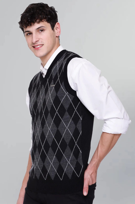Black Woolen V-Neck Sleeveless Half Sweater For Men