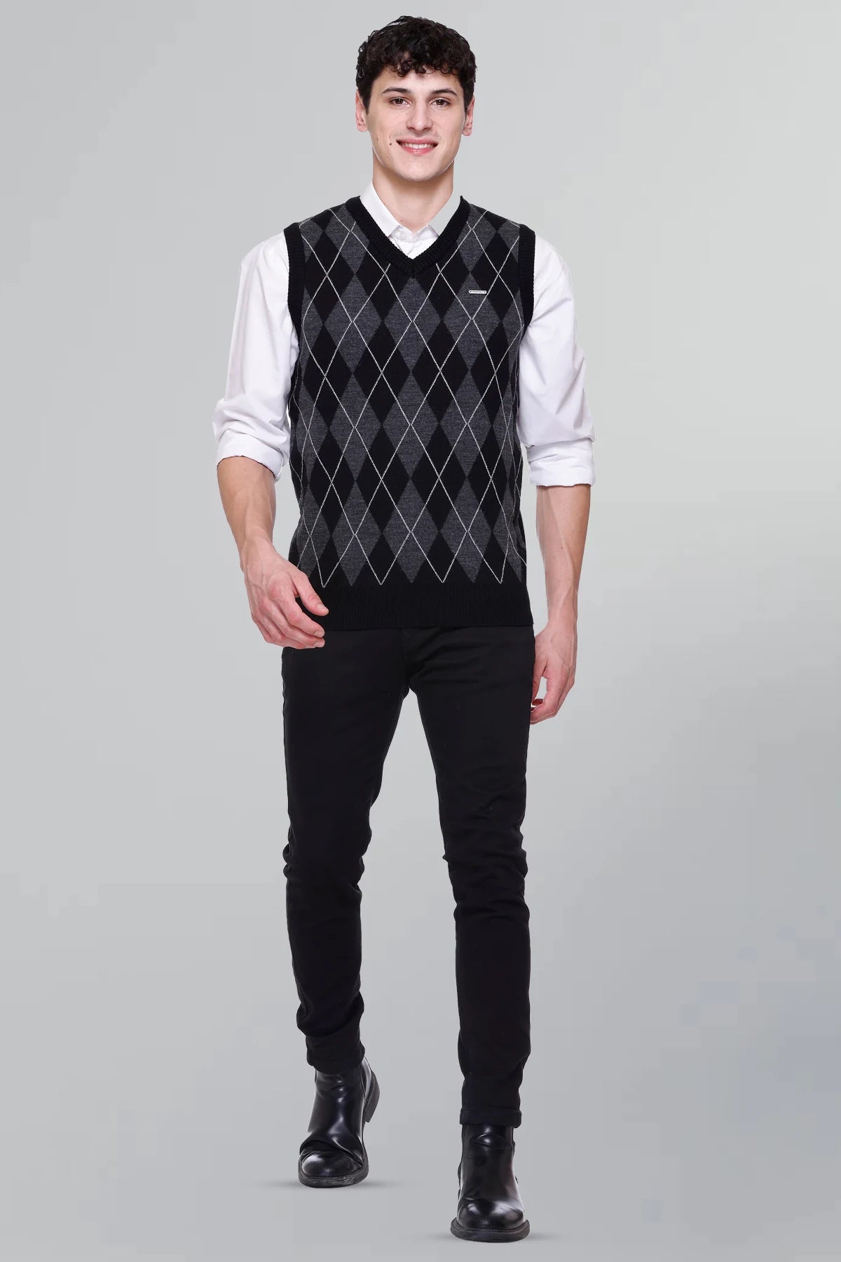Black Woolen V-Neck Sleeveless Half Sweater For Men