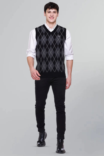 Black Woolen V-Neck Sleeveless Half Sweater For Men
