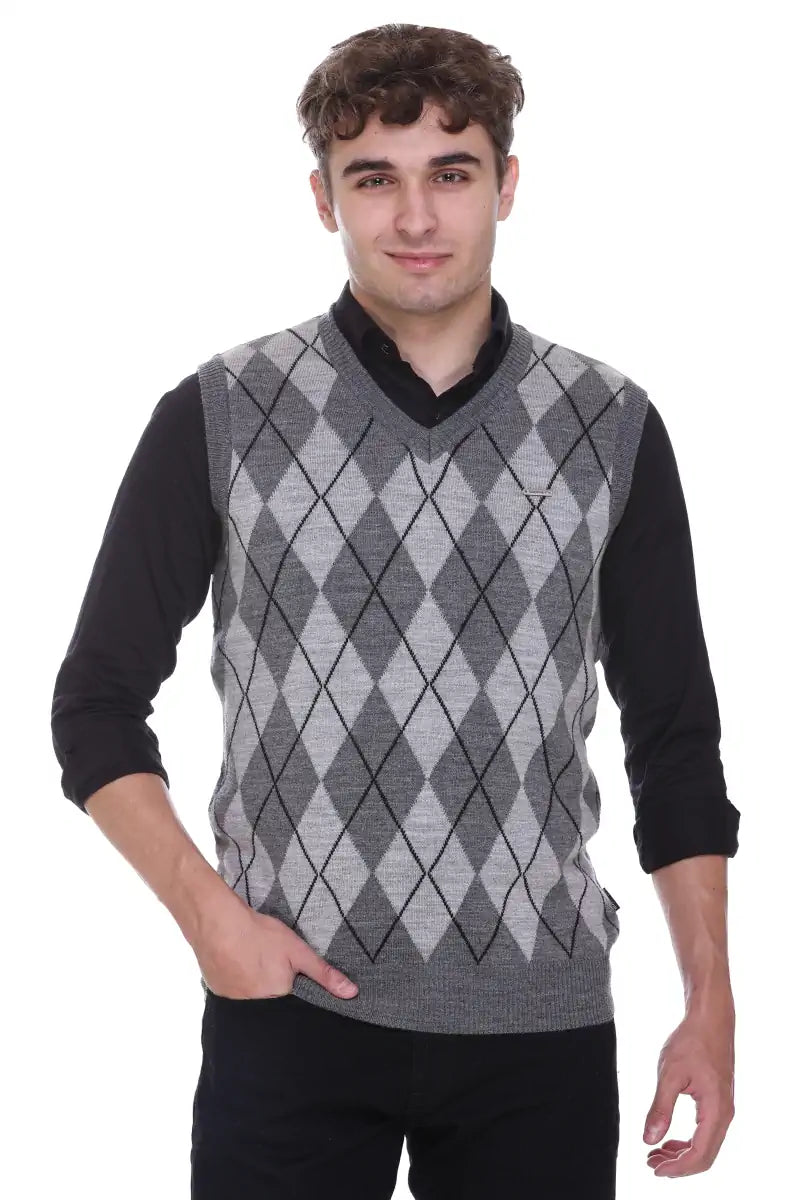 Medium Grey Woolen V-Neck Sleeveless Sweater For Men
