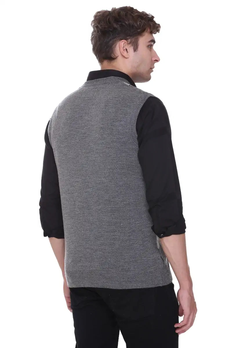 Medium Grey Woolen V-Neck Sleeveless Sweater For Men