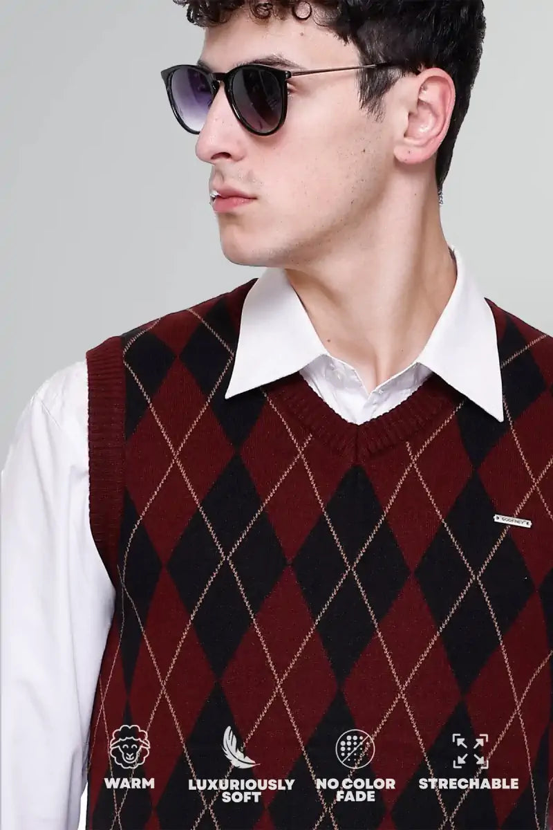 Wine Woolen V-Neck Sleeveless Half Sweater For Men