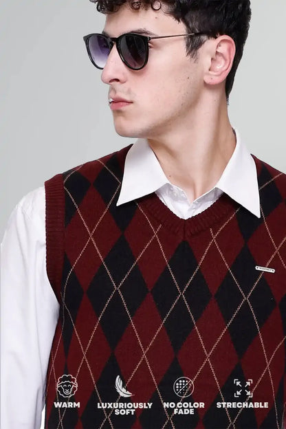 Wine Woolen V-Neck Sleeveless Half Sweater For Men