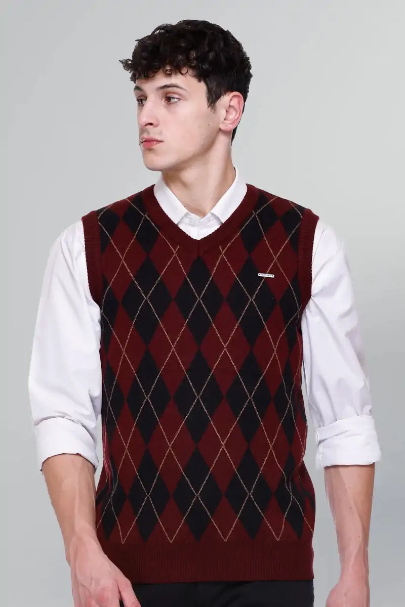 Wine Woolen V-Neck Sleeveless Half Sweater For Men