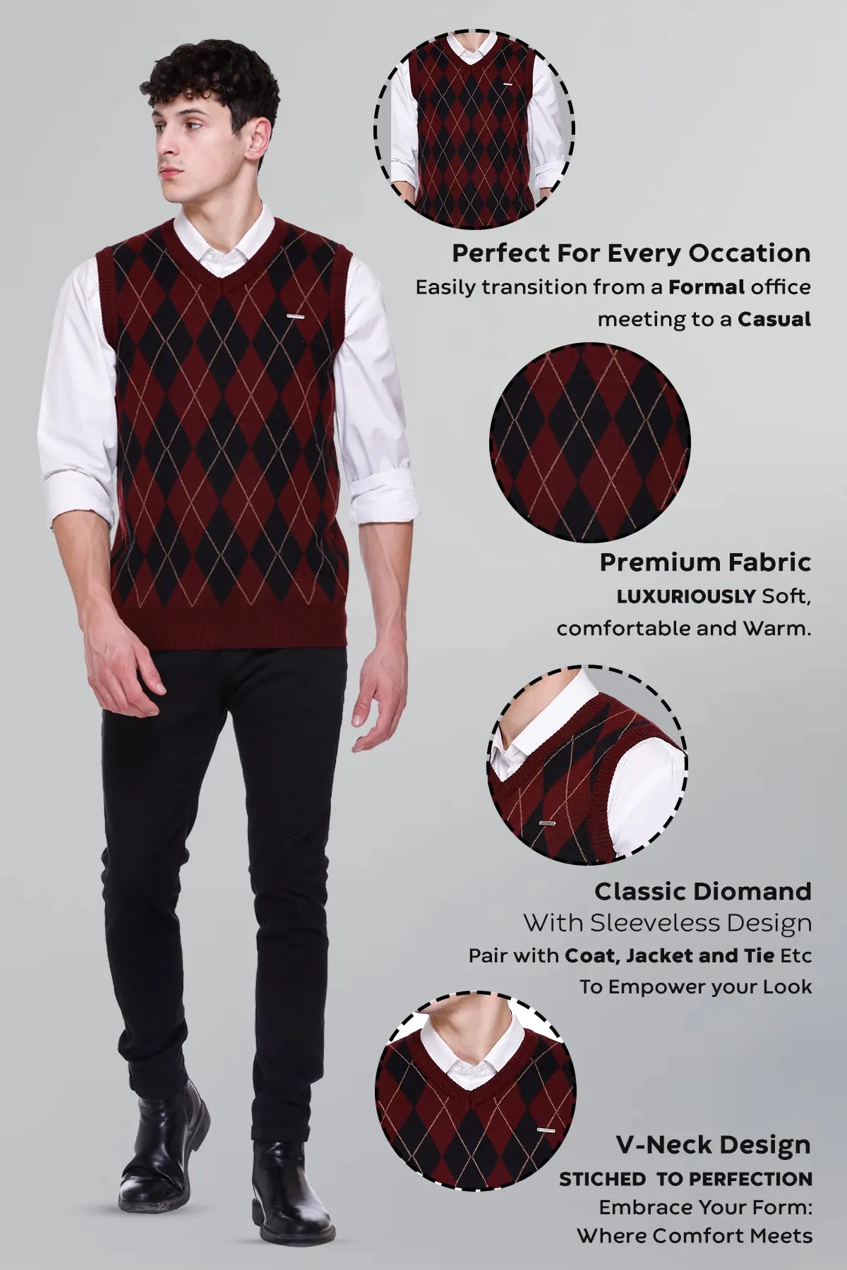 Wine Woolen V-Neck Sleeveless Half Sweater For Men