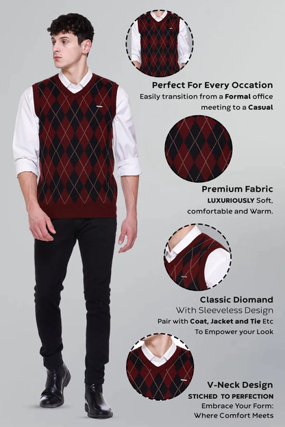 Wine Woolen V-Neck Sleeveless Half Sweater For Men