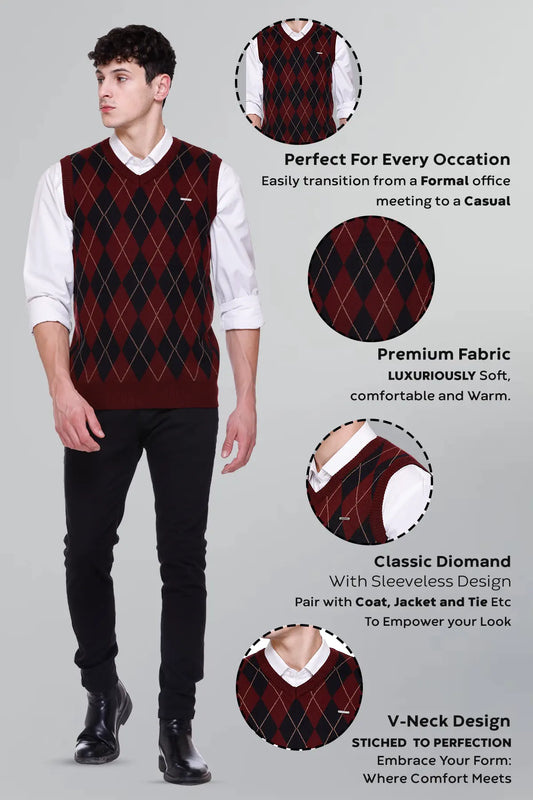 Wine Woolen V-Neck Sleeveless Half Sweater For Men