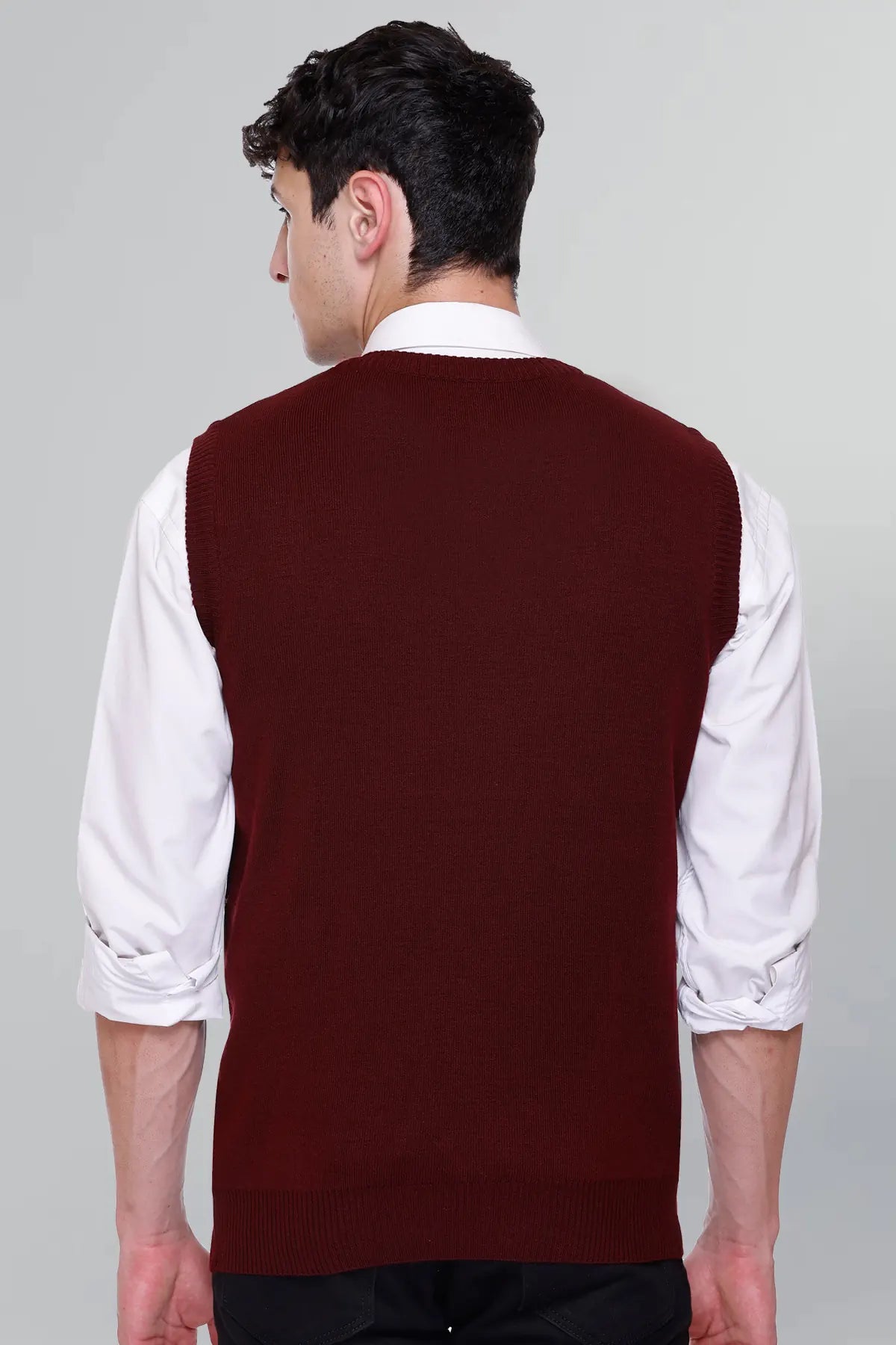 Wine Woolen V-Neck Sleeveless Half Sweater For Men