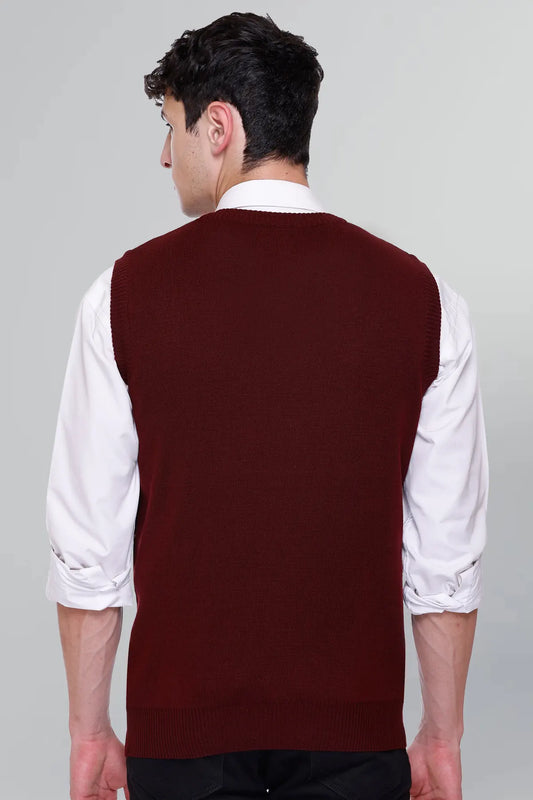 Wine Woolen V-Neck Sleeveless Half Sweater For Men