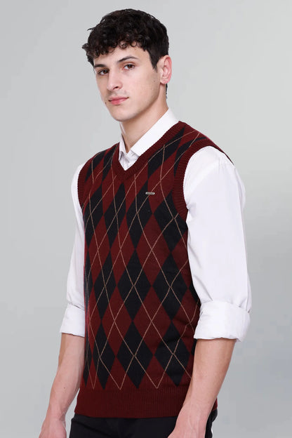 Wine Woolen V-Neck Sleeveless Half Sweater For Men