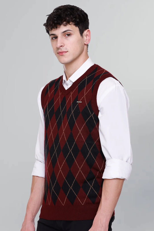 Wine Woolen V-Neck Sleeveless Half Sweater For Men
