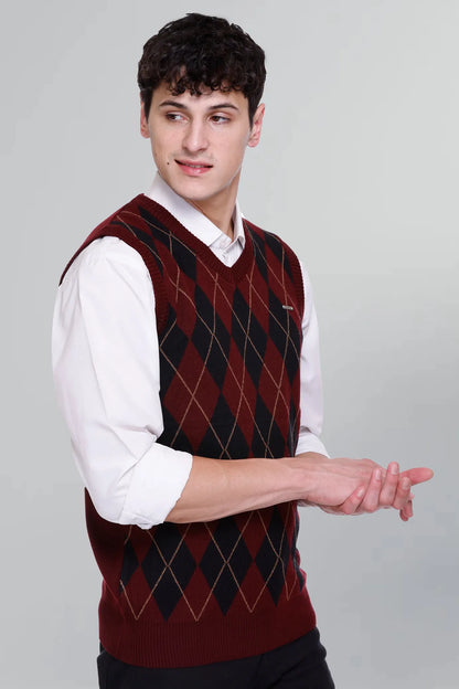Wine Woolen V-Neck Sleeveless Half Sweater For Men