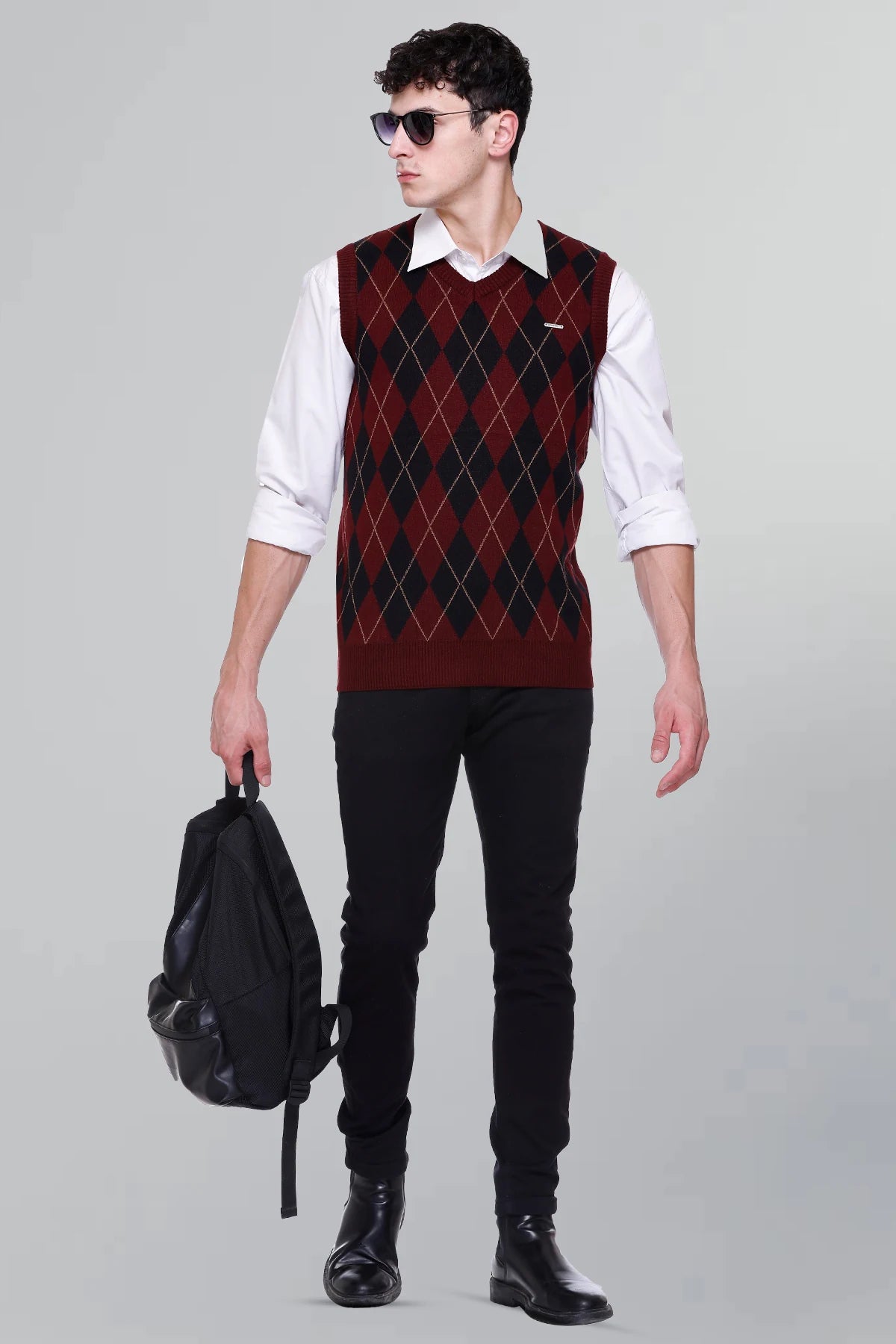 Wine Woolen V-Neck Sleeveless Half Sweater For Men