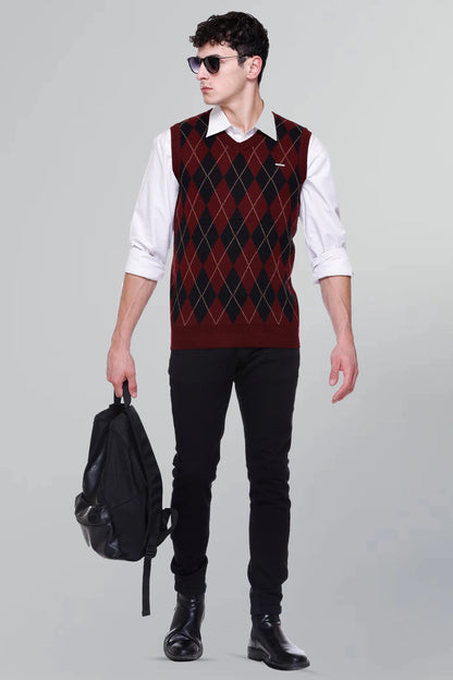 Wine Woolen V-Neck Sleeveless Half Sweater For Men