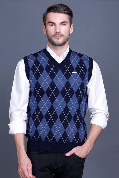 Navy Woolen V-Neck Sleeveless Sweater For Men