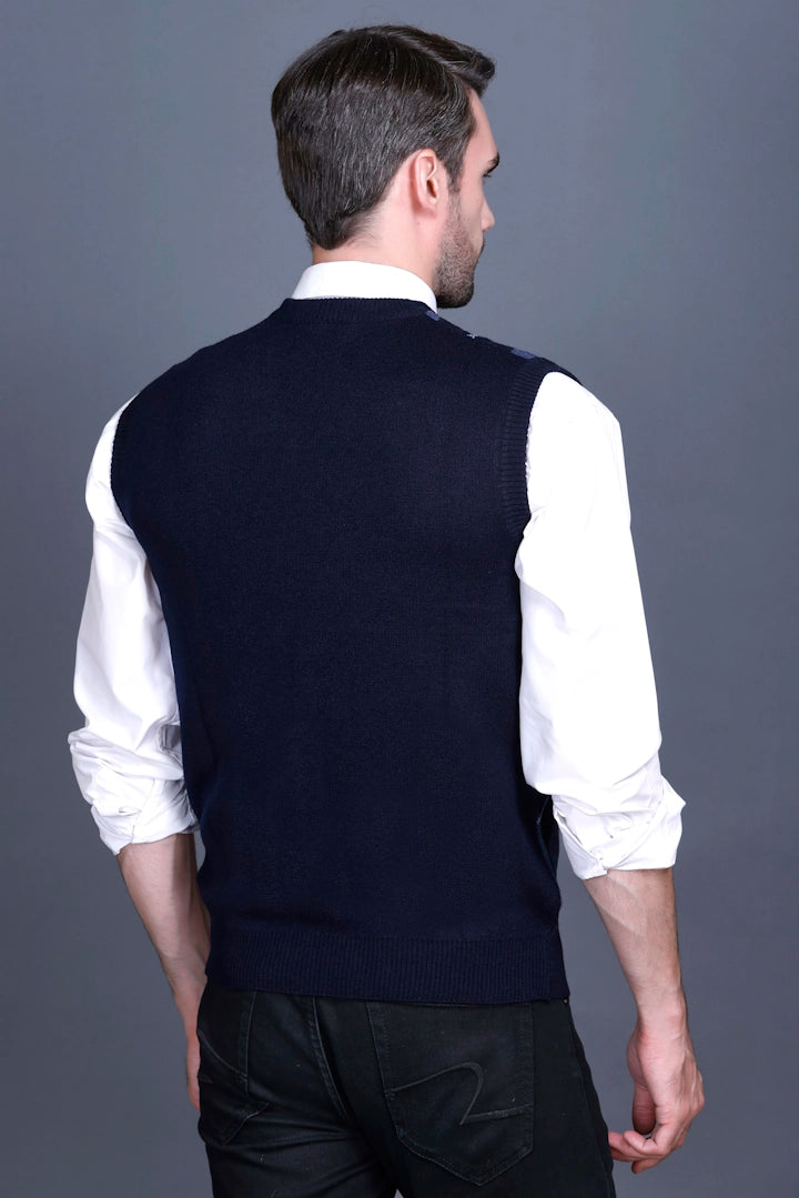 Navy Woolen V-Neck Sleeveless Sweater For Men